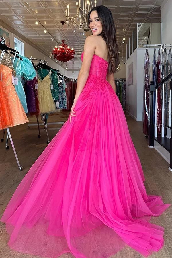 Hot Pink Lace Appliqué Tulle Strapless Ball Gown