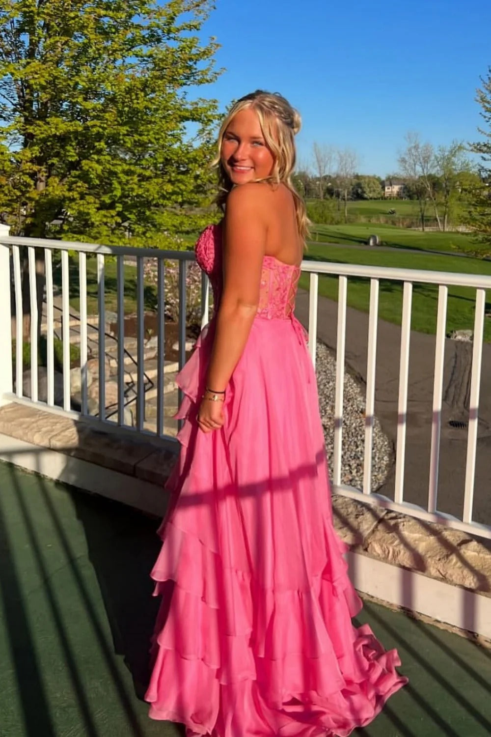 Hot Pink Ruffled Chiffon Gown – Strapless Lace-Up Back Prom Dress with Tiered Skirt