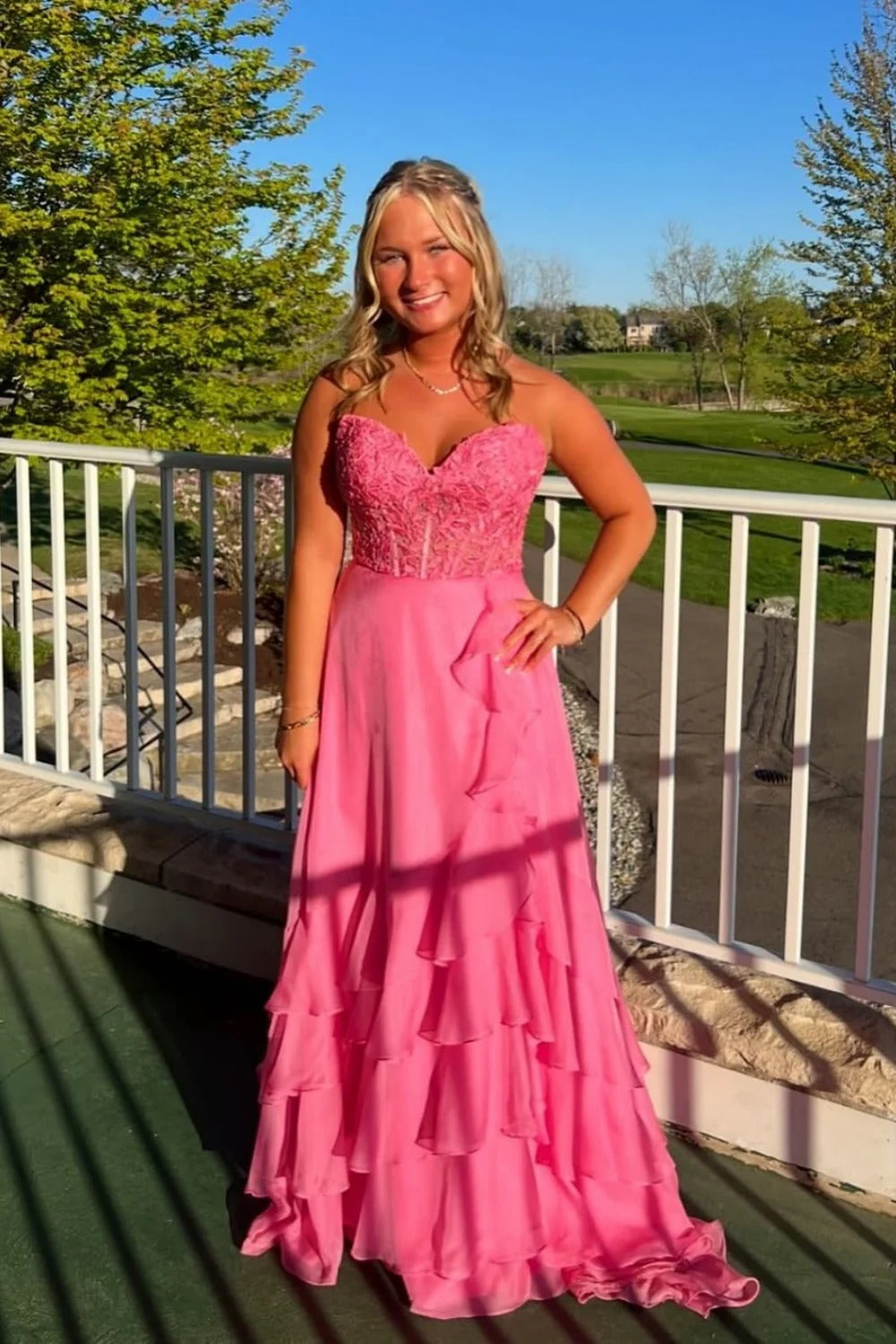 Hot Pink Ruffled Chiffon Gown – Strapless Lace-Up Back Prom Dress with Tiered Skirt