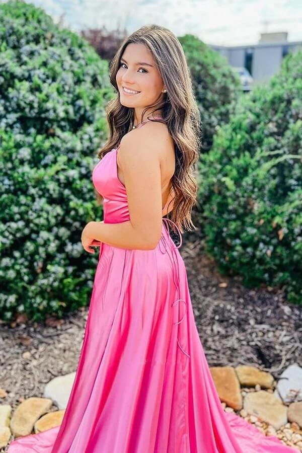 Hot Pink Satin Spaghetti Strap Gown with Lace-Up Back and Slit