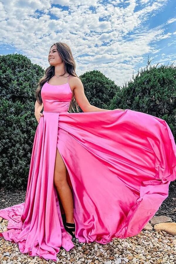 Hot Pink Satin Spaghetti Strap Gown with Lace-Up Back and Slit