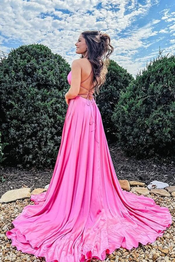 Hot Pink Satin Spaghetti Strap Gown with Lace-Up Back and Slit
