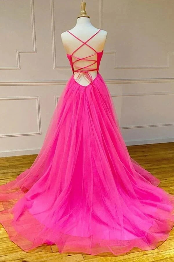 Hot Pink Spaghetti-Strap Lace-Up Back Flowy Tulle A-Line Maxi Dress with Train