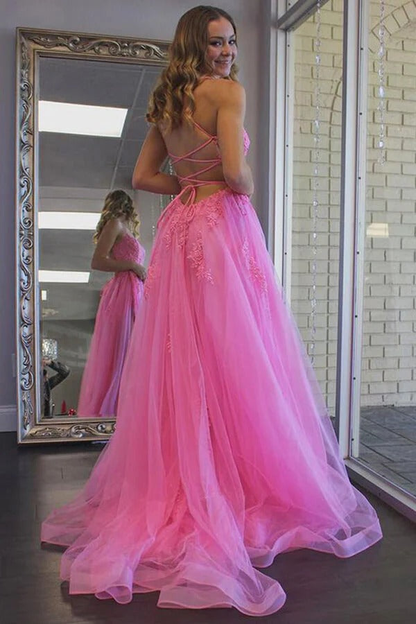 Hot Pink Spaghetti Strap Floral Lace Tulle Gown with Crisscross Lace-Up Back