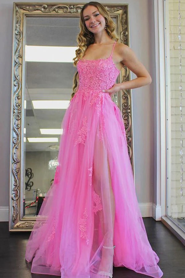 Hot Pink Spaghetti Strap Floral Lace Tulle Gown with Crisscross Lace-Up Back