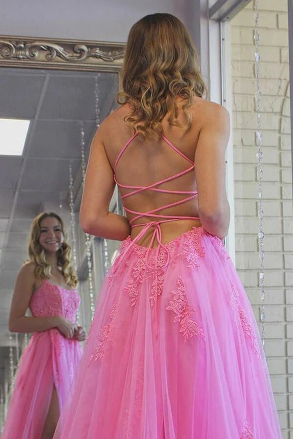Hot Pink Spaghetti Strap Floral Lace Tulle Gown with Crisscross Lace-Up Back
