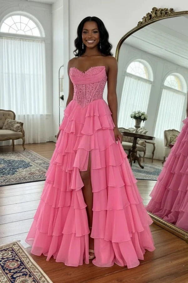 Hot Pink Strapless Sweetheart Lace Corset Ruffle Tulle Ball Gown with Slit