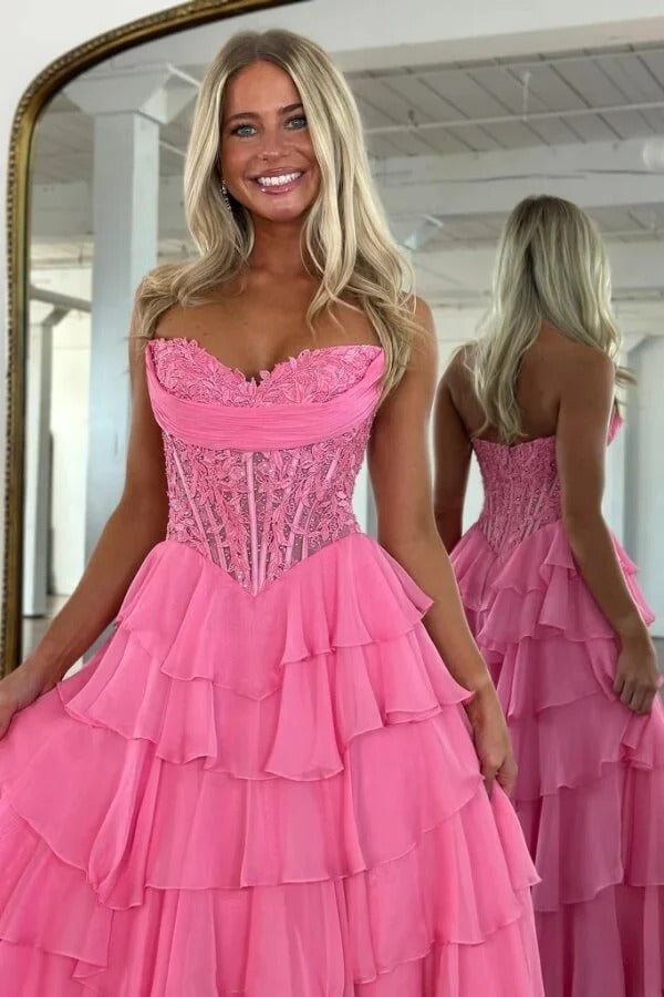 Hot Pink Strapless Sweetheart Lace Corset Ruffle Tulle Ball Gown with Slit
