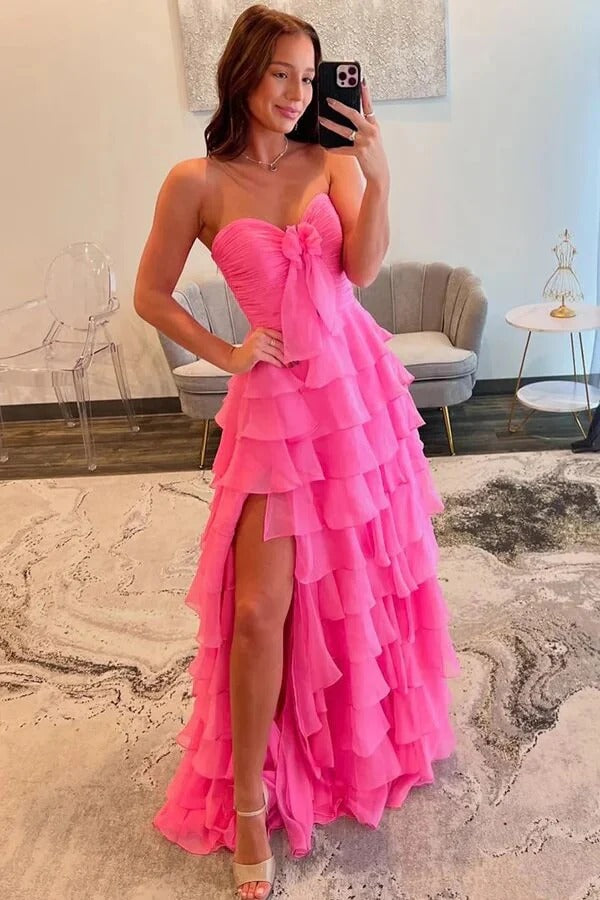 Hot Pink Strapless Tiered Chiffon Maxi Dress with Bow Detail