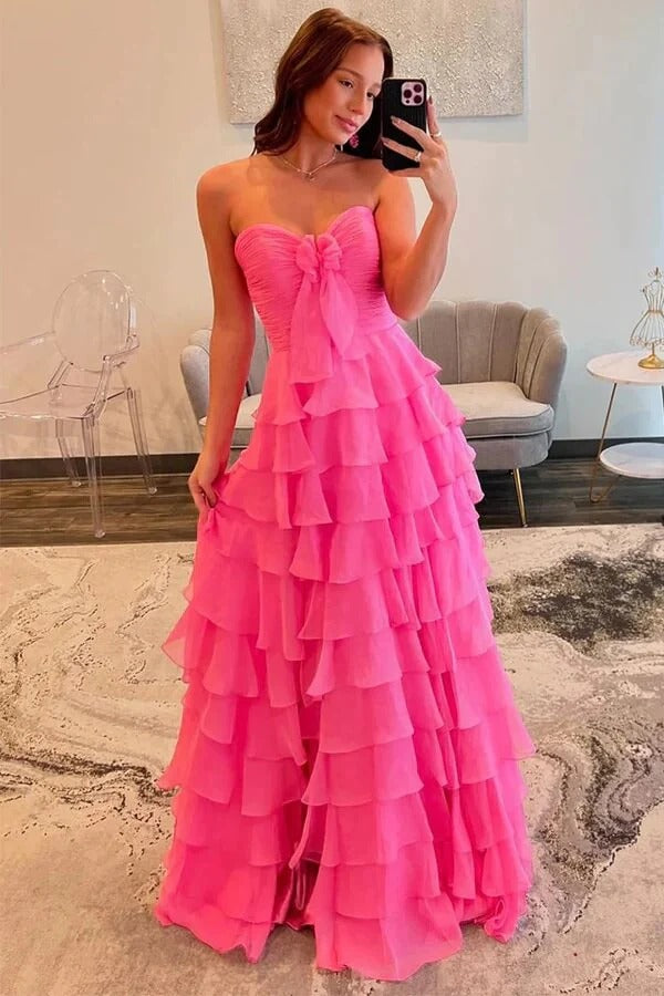 Hot Pink Strapless Tiered Chiffon Maxi Dress with Bow Detail