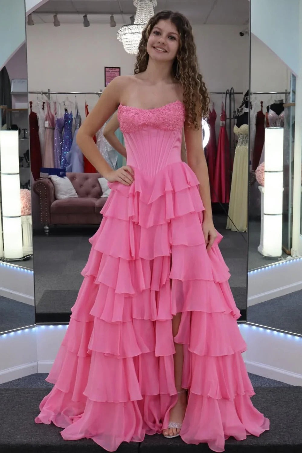Hot Pink Strapless Tiered Ruffle High Slit Maxi Dress – Prom Party Gown