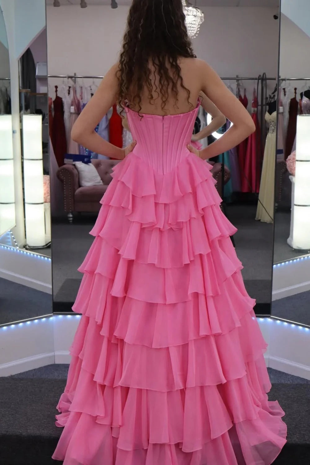 Hot Pink Strapless Tiered Ruffle High Slit Maxi Dress – Prom Party Gown