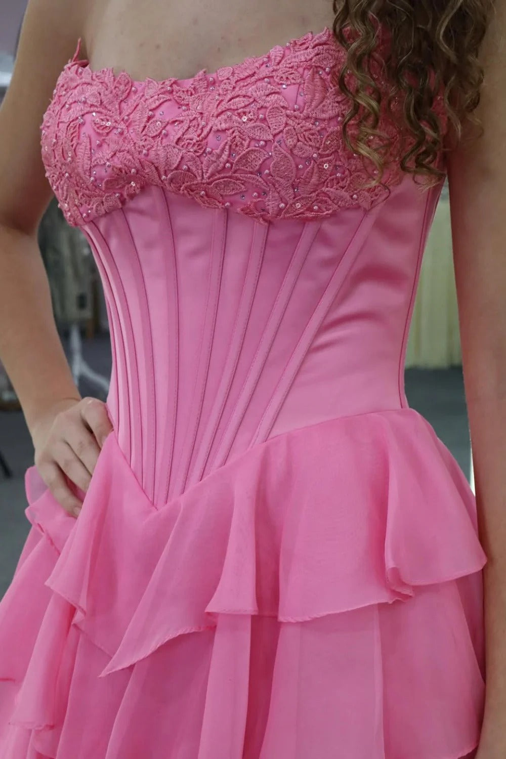 Hot Pink Strapless Tiered Ruffle High Slit Maxi Dress – Prom Party Gown