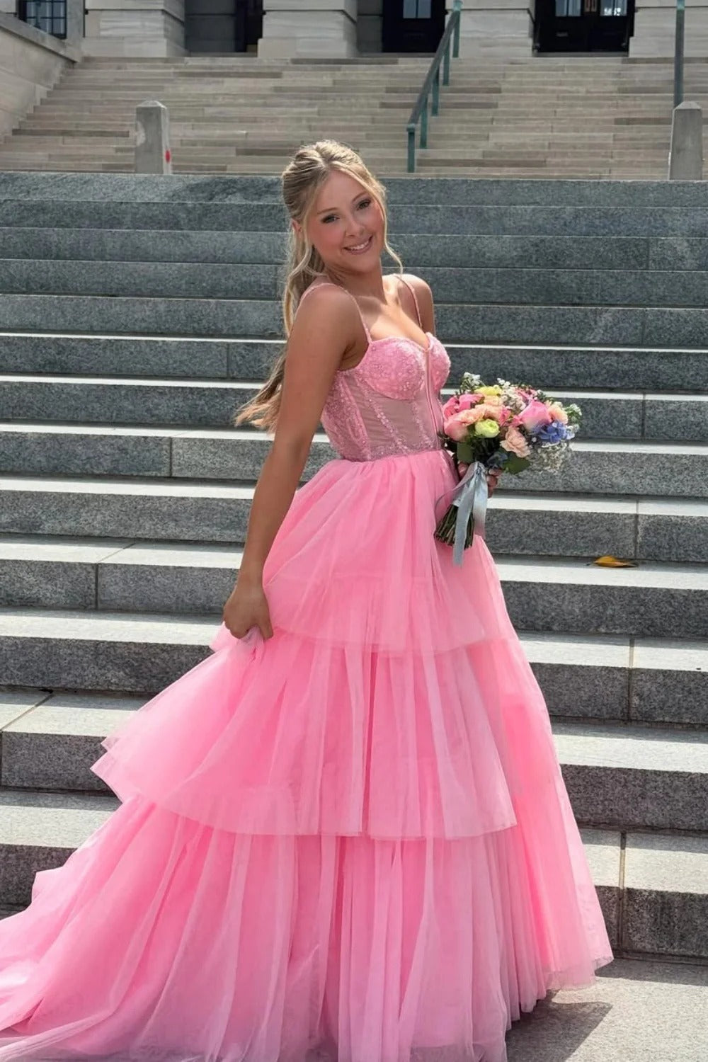 Hot Pink Tiered Tulle Prom Gown – Corset Bodice Spaghetti Strap Ball Gown with Train
