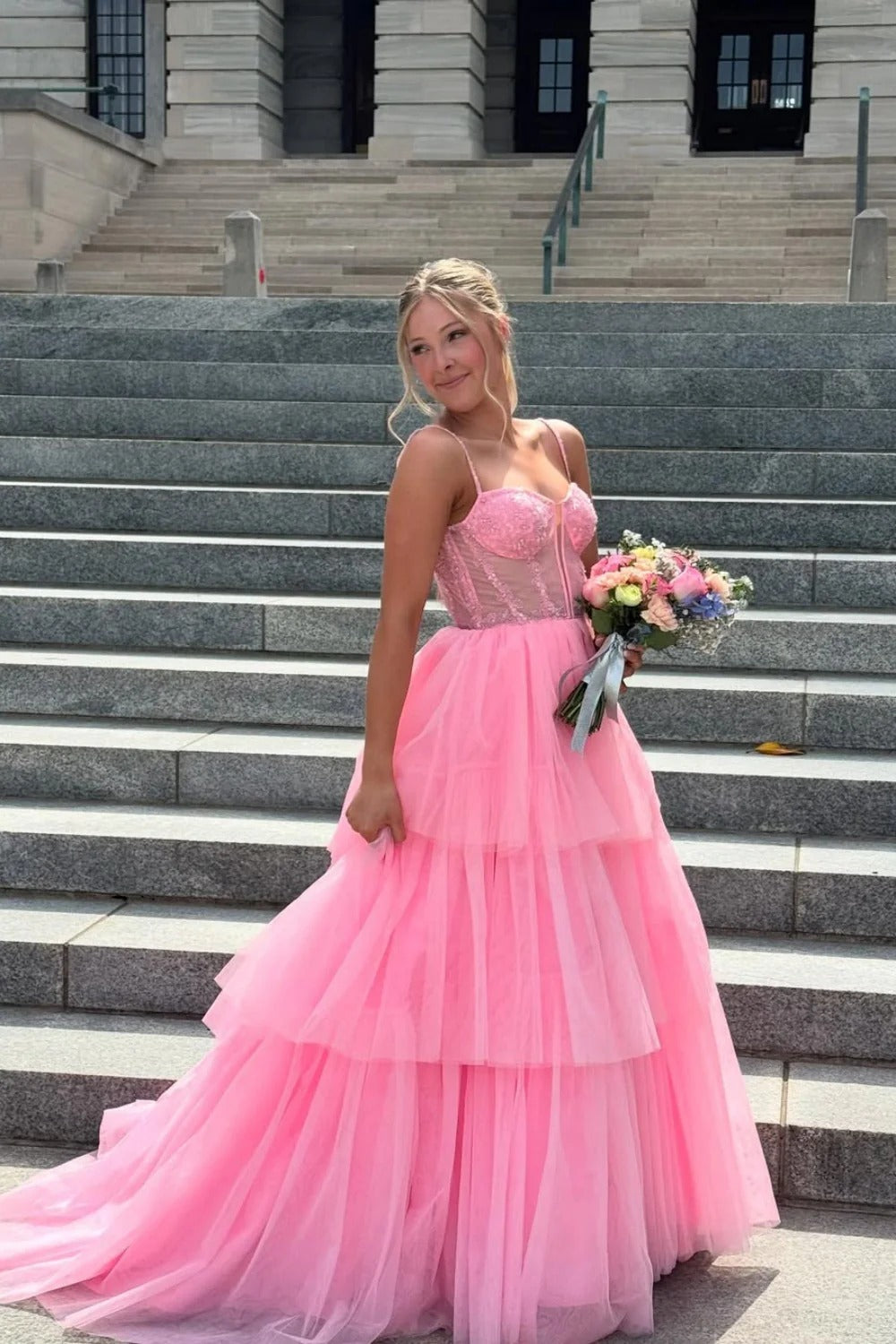 Hot Pink Tiered Tulle Prom Gown – Corset Bodice Spaghetti Strap Ball Gown with Train