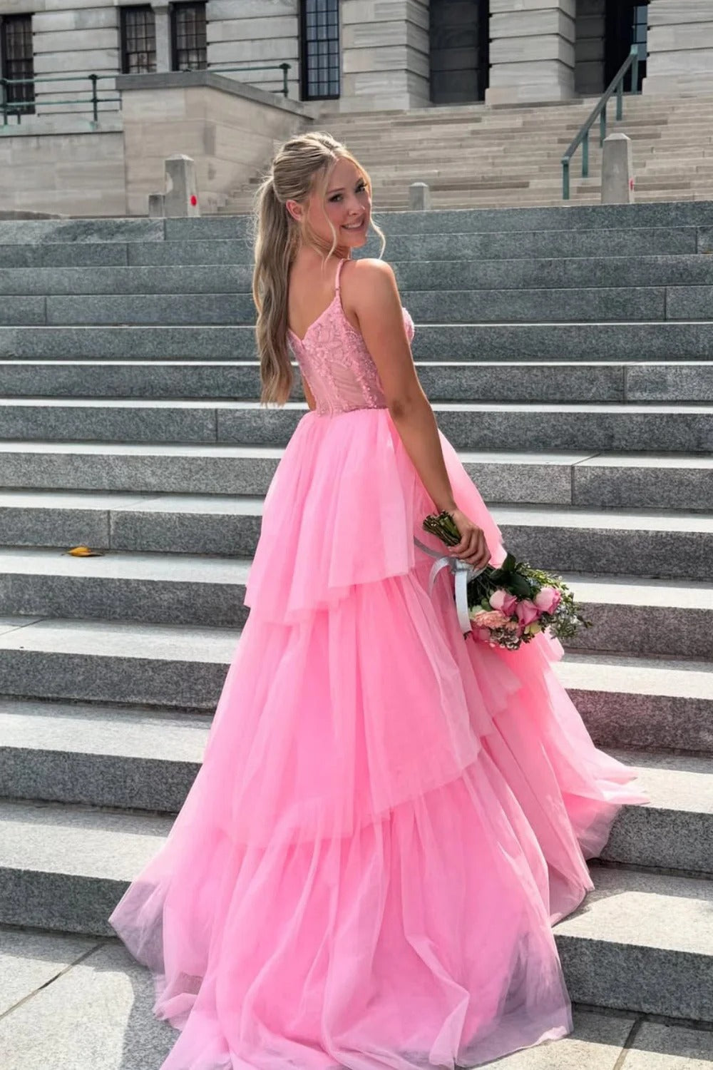 Hot Pink Tiered Tulle Prom Gown – Corset Bodice Spaghetti Strap Ball Gown with Train