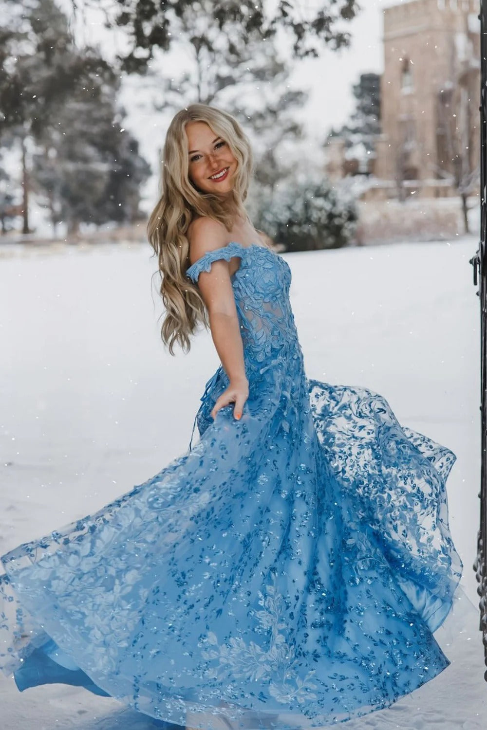 Ice Blue Floral Lace Ball Gown – Off-the-Shoulder Prom Dress with Lace-Up Back & Train