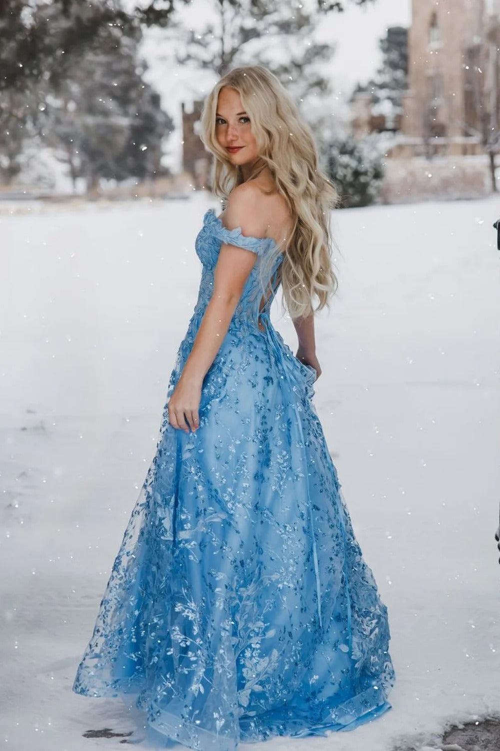 Ice Blue Floral Lace Ball Gown – Off-the-Shoulder Prom Dress with Lace-Up Back & Train