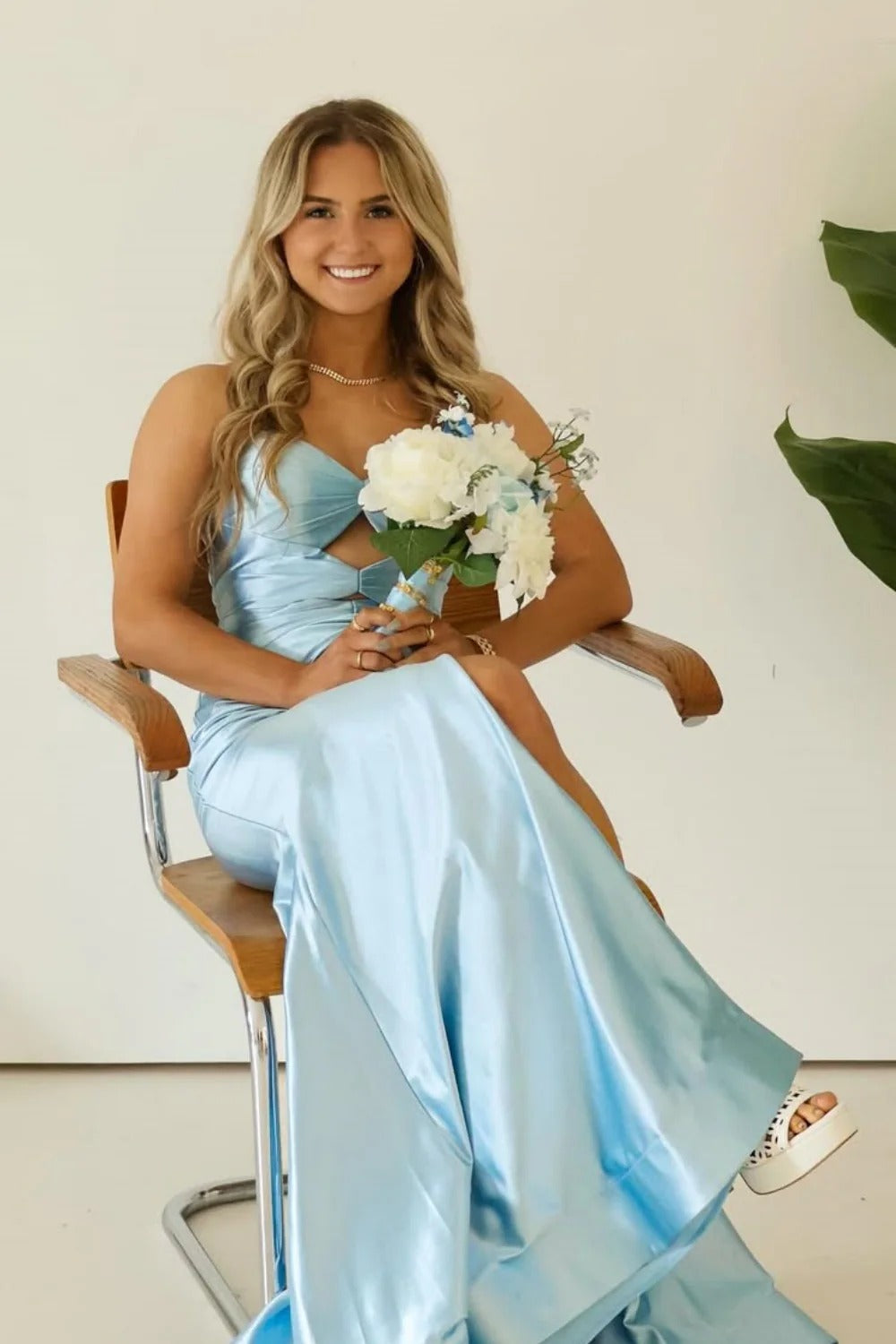 Ice Blue Satin Cutout Spaghetti Strap Mermaid Gown – Prom Bridesmaid Dress