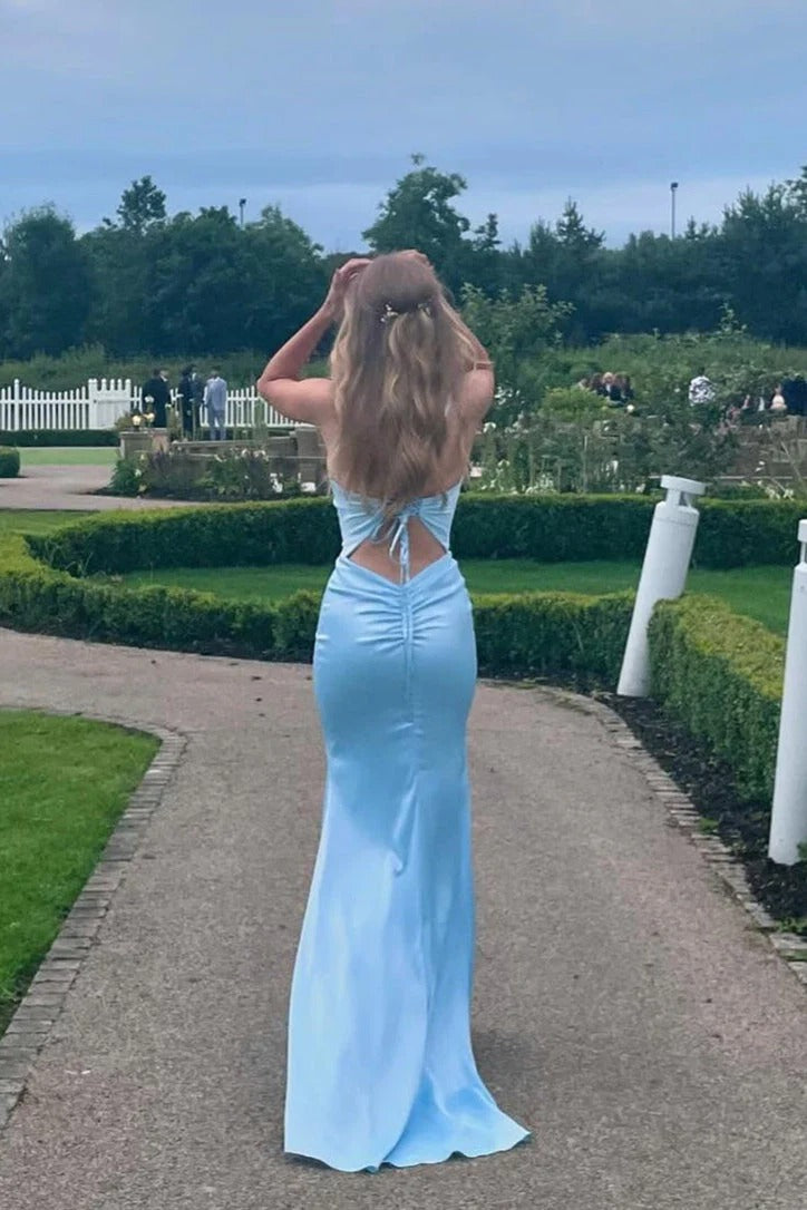 Ice Blue Satin Spaghetti Strap Mermaid Trailing Gown – Prom Bridesmaid Dress