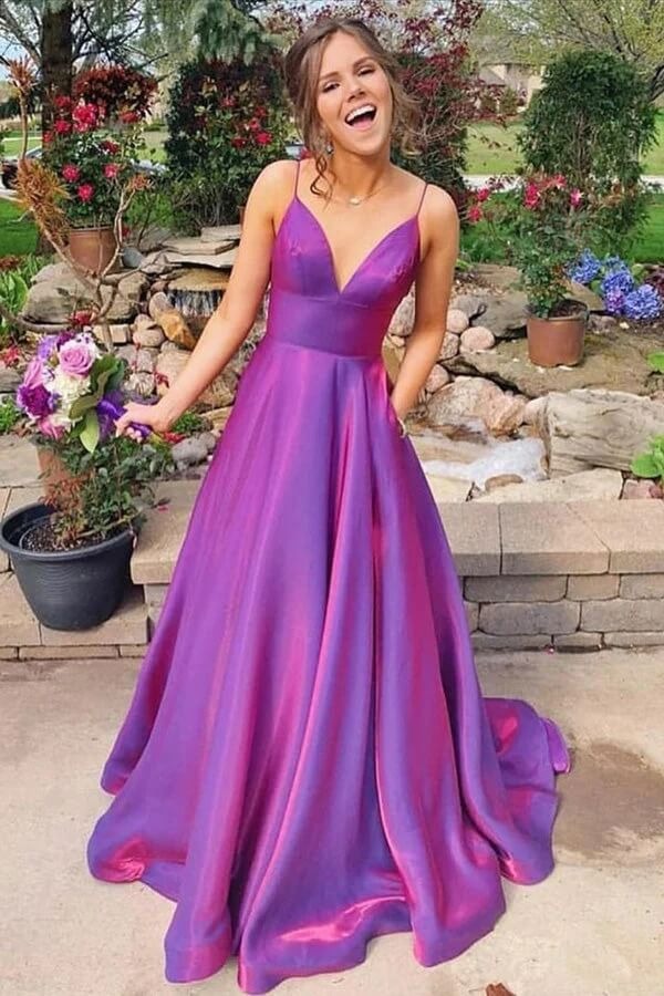 Iridescent Purple Satin Spaghetti Strap A-Line Gown with Pockets