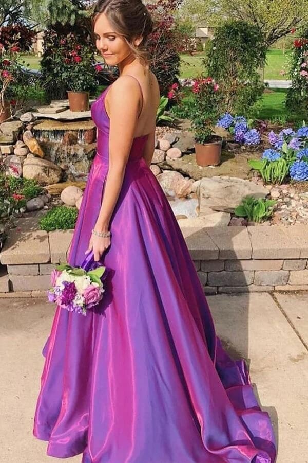 Iridescent Purple Satin Spaghetti Strap A-Line Gown with Pockets