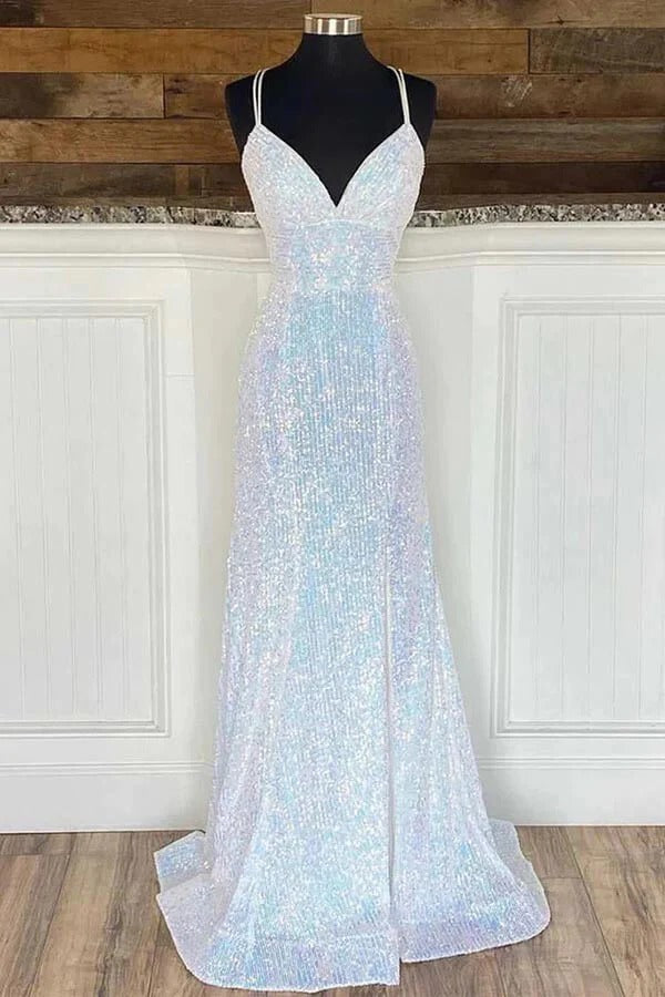 Iridescent Sequin Mermaid Prom Gown – V-Neck Lace-Up Back Formal Maxi Dress with Train
