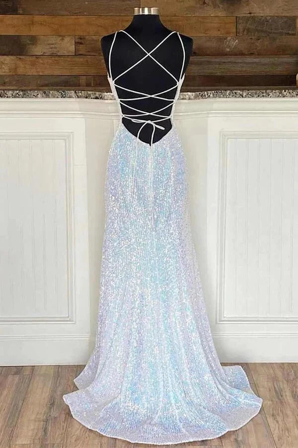 Iridescent Sequin Mermaid Prom Gown – V-Neck Lace-Up Back Formal Maxi Dress with Train