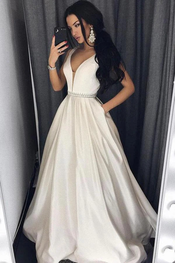 Ivory Satin Plunging V-Neck Beaded Waist A-Line Ball Gown with Pockets