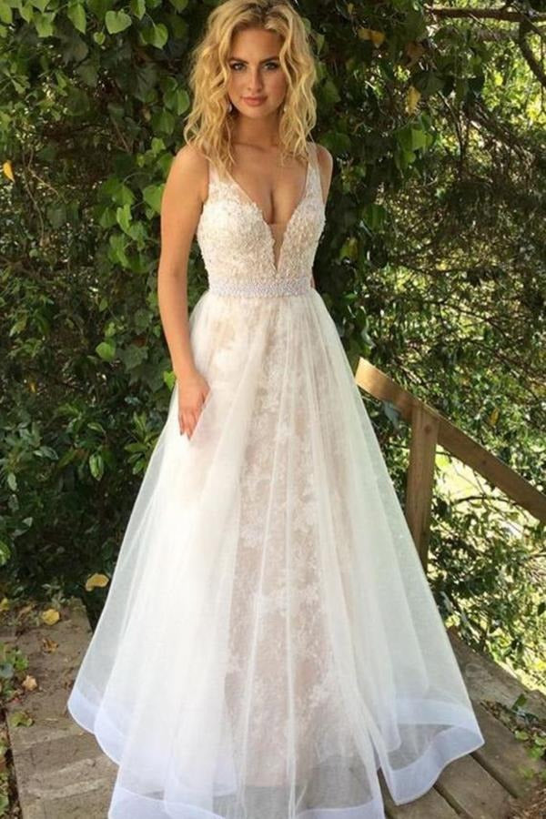 Ivory White Spaghetti Strap V-Neck Beaded Waist Lace Tulle A-Line Wedding Maxi Gown