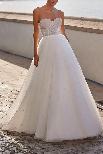 A line Sweetheart chiffon pearl simple wedding dress bride dress