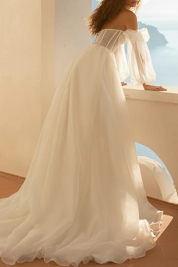 Robe de mariée fendue style campagnard à manches longues et décolleté en cœur