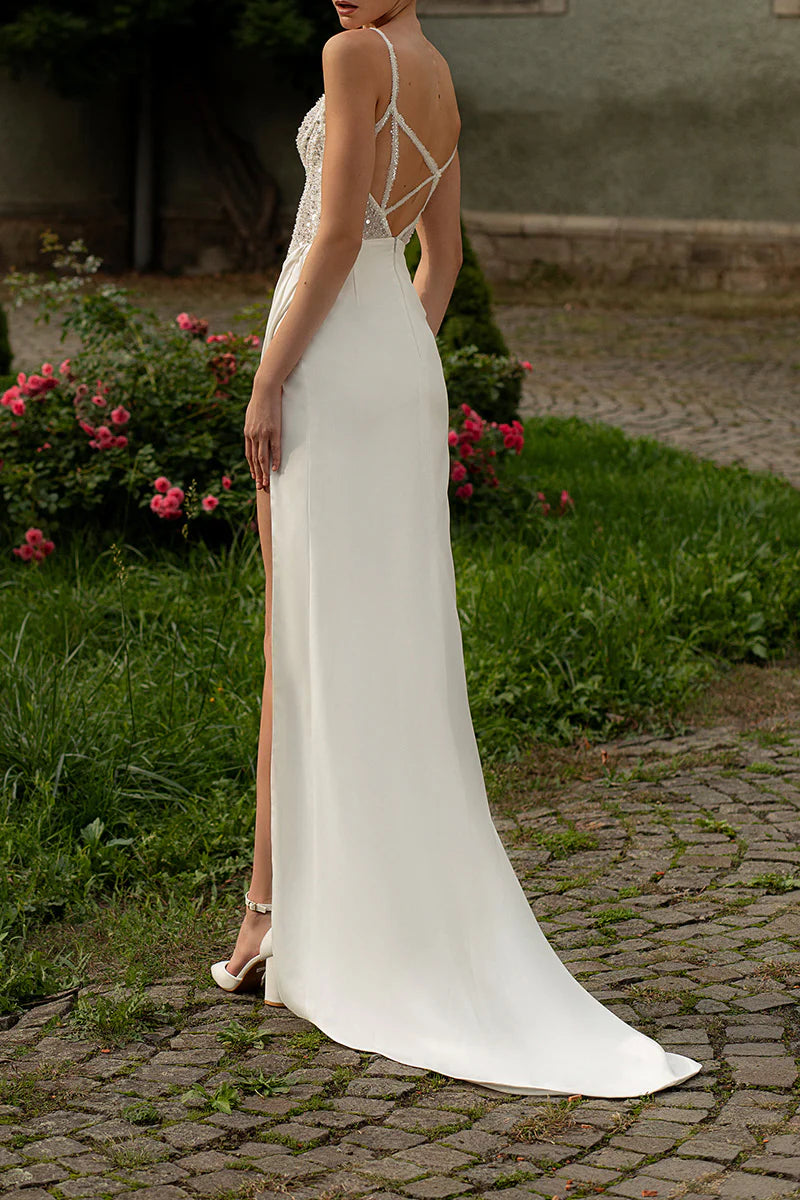 Thin shoulder strap V-neck satin pleated Bohemian wedding dress