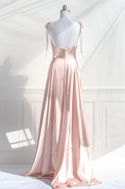 Rosa Satinkragen Krawatte A-Linie Schal langes Ballkleid, rosa Satin Schultergurt tiefem Rücken langes Abendkleid
