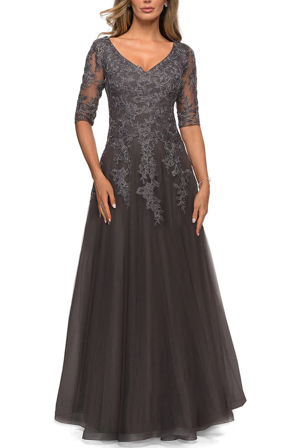 Robe élégante pour mère de la mariée, coupe trapèze, col en V, dentelle, manches 3/4