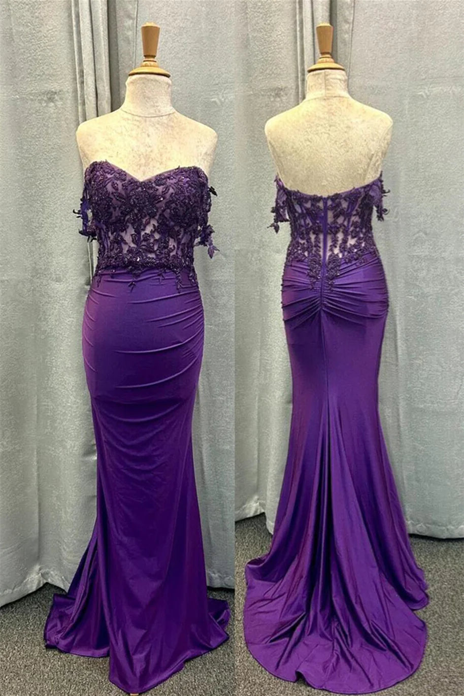 Lace-Embellished Strapless Sweetheart Bodice Ruched Mermaid Silhouette Train Floor-Length Purple Glamorous Formal Evening Dress