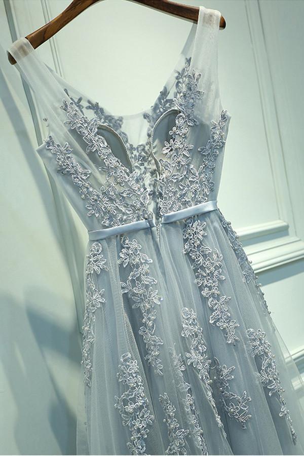 Lace Applique Tulle Prom Dress with Deep V-Back and Satin Waistband