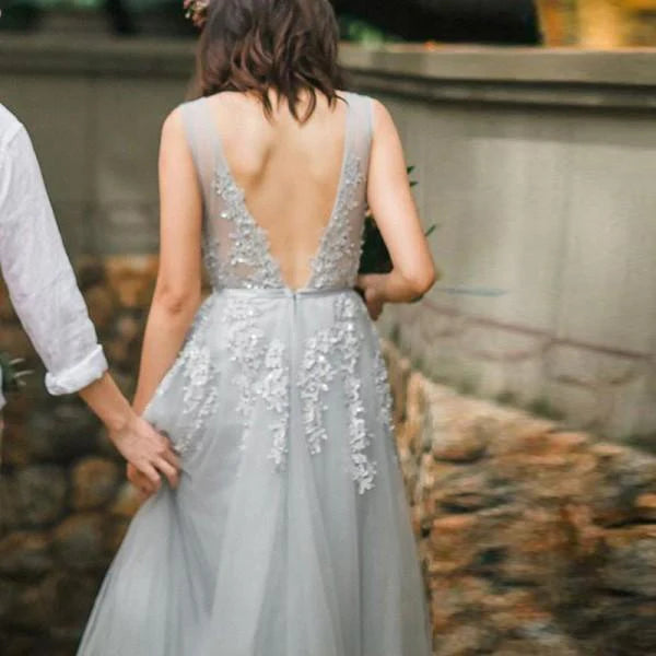 Lace Applique Tulle Prom Dress with Deep V-Back and Satin Waistband
