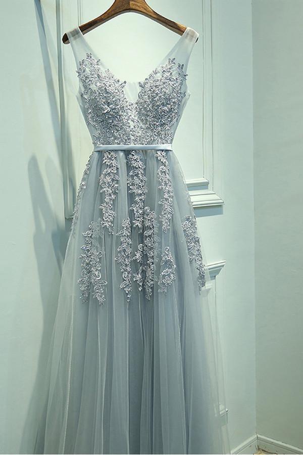 Lace Applique Tulle Prom Dress with Deep V-Back and Satin Waistband
