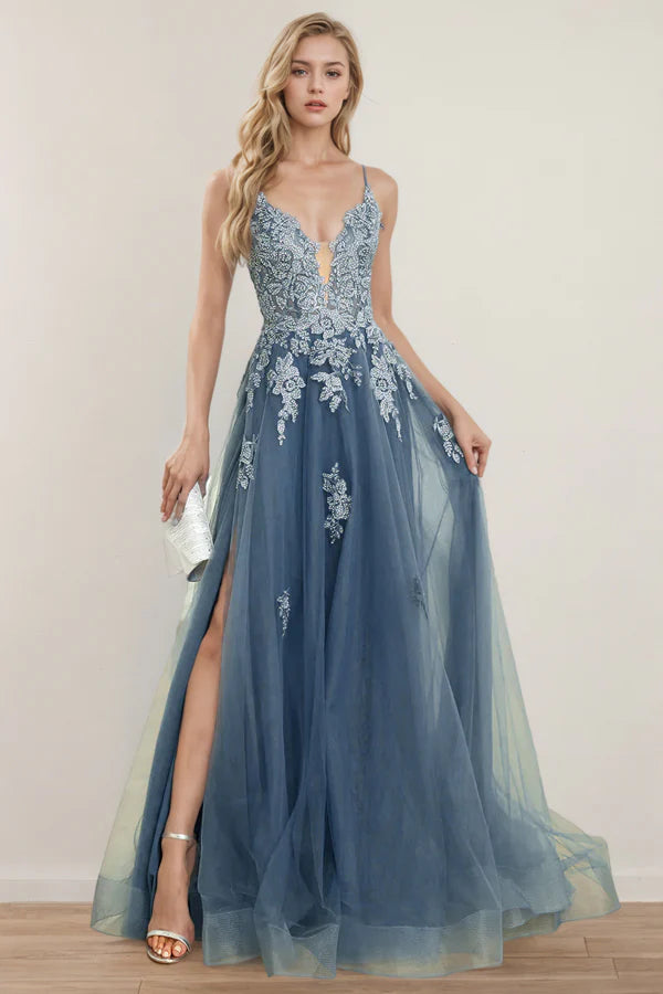 Lace Applique Tulle Prom Dress with Plunging V-Neck, Lace-Up Back and High Slit
