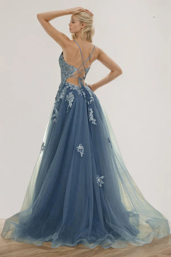 Lace Applique Tulle Prom Dress with Plunging V-Neck, Lace-Up Back and High Slit