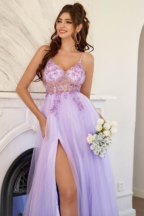 Lavender Beaded Floral Tulle Gown with Spaghetti Straps and V-Back