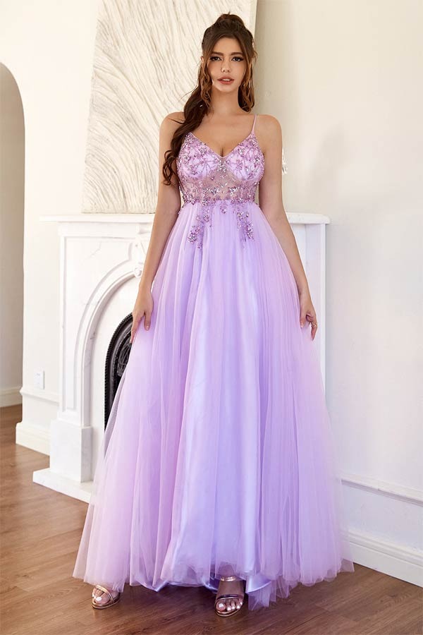 Lavender Beaded Floral Tulle Gown with Spaghetti Straps and V-Back