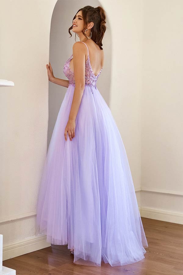 Lavender Beaded Floral Tulle Gown with Spaghetti Straps and V-Back