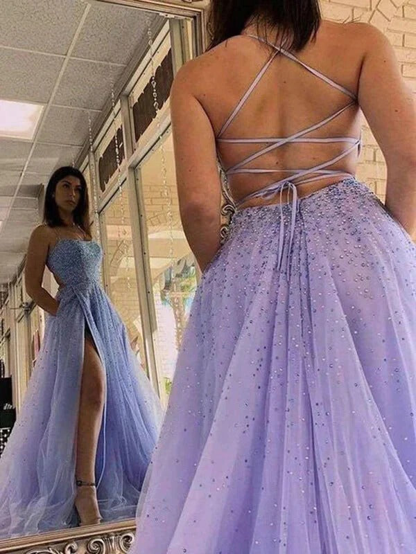 Lavender Beaded Tulle Spaghetti Strap Gown with Lace-Up Back and Slit