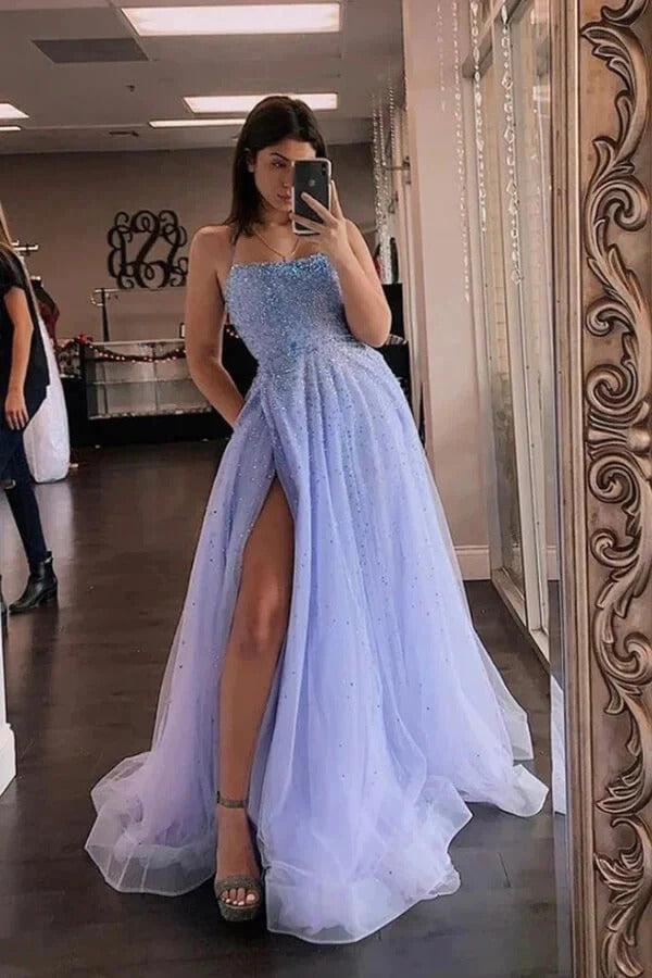 Lavender Beaded Tulle Spaghetti Strap Gown with Lace-Up Back and Slit