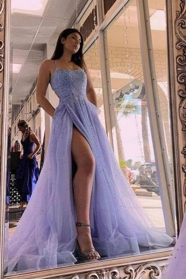 Lavender Beaded Tulle Spaghetti Strap Gown with Lace-Up Back and Slit