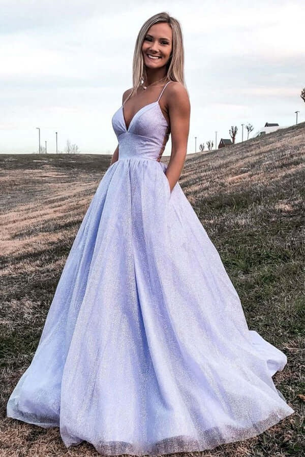 Lavender Glitter Tulle Ball Gown with Lace-Up Back and Pockets
