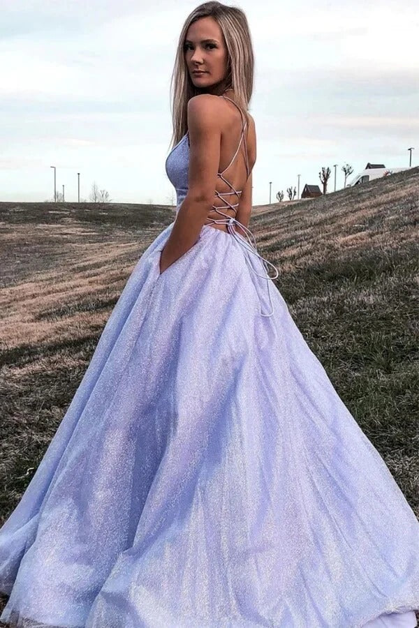 Lavender Glitter Tulle Ball Gown with Lace-Up Back and Pockets