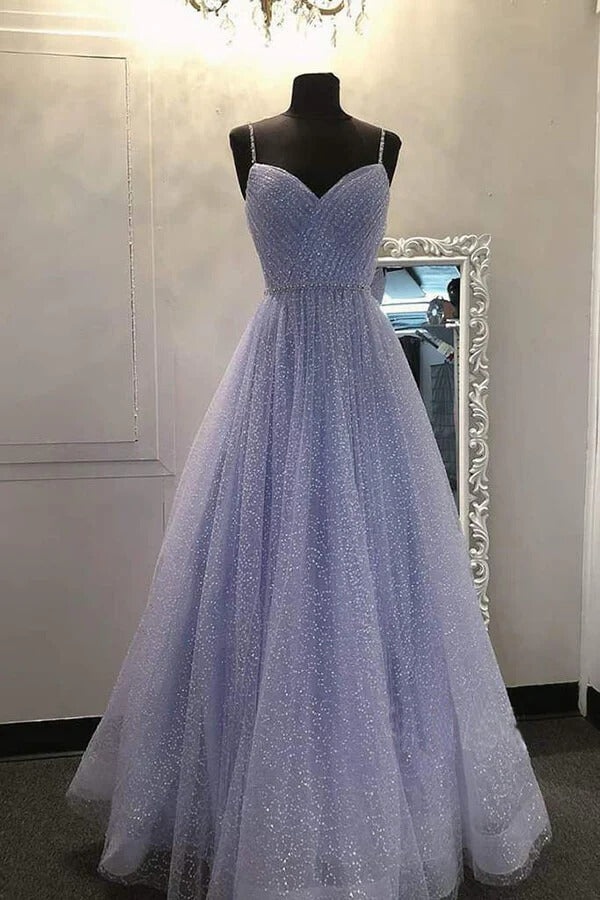 Lavender Glitter Tulle Spaghetti Strap Gown with Crystal Belt